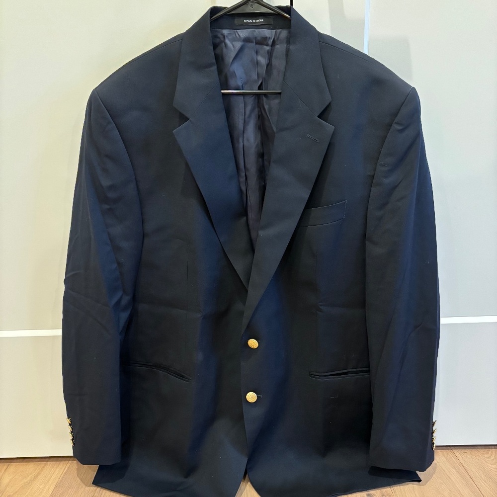 Ralph Lauren Blazer Sports Coat 100% Wool Navy Blue Gold Button Suit Jacket 46L